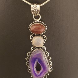 Solar Quartz Druzy 925 Sterling Silver Plated Handmade Pendant with Chain Jewelry.