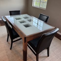 Wood Glass Dining Table + 4 Black Leather Chairs
