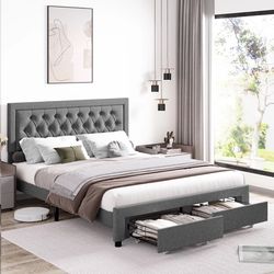 Linen Upholstered Platform Bed, 2 Drawers, Gray, Full