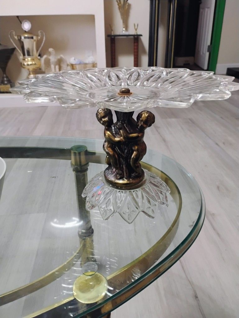 Vintage Cherub Angel Glass Pedestal Cake Plate Stand