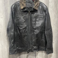 Andrew Marc Leather Bomber With Removable Shearling Collar
