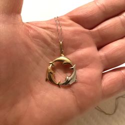 3 Dolphin Pendant 10K With Dainty Chain