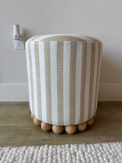 TWO Beige & White Striped Linen Pouf Ottoman with Wood Ball Feet - Like New