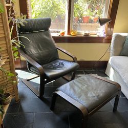 IKEA Poang Black Leather Chair And Ottoman 