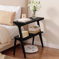 Solid Wood End Table, 2-Tier Side Table with Storage Shelf, Wooden Modern Accent Slim Bedside Table for Sofa, Living Room, Bedroom, Small Space, Easy 