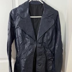 Vintage Women’s Long Leather Trench Coat Navy Blue Size M/L