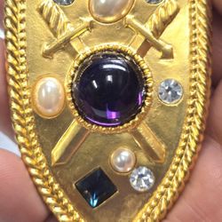 Vintage Park Lane Heraldic Shield Brooch With Crossed Swords Faux Gems & Pearls