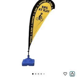 Teardrop Banner Flag Safety Sign with Fiberglass Poles and Weighted Base for Yards and Driveways -"Kids at Play", Yellow