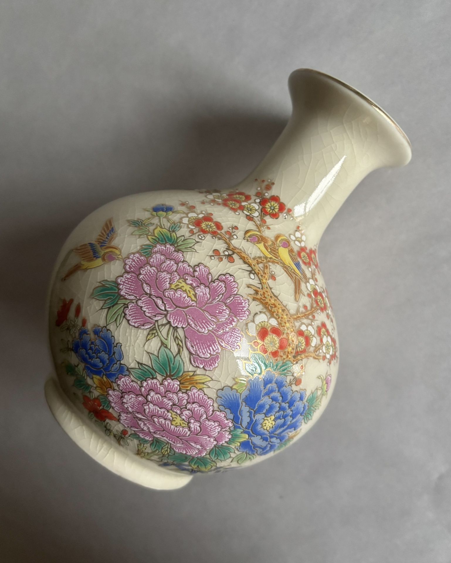 Vintage Japanese Crackle Glaze Flower And Bird Vase 