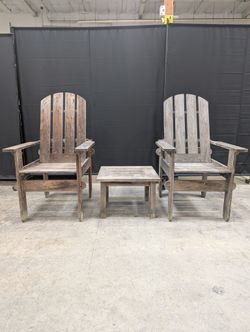 Set of Weathered Gray Wood Adirondack Chairs with Side Table
