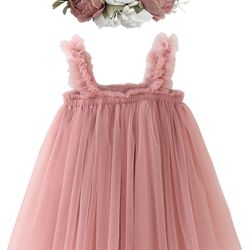 Ropa de niñas Vestido de tul con capas con tutú para niñas pequeñas, juego de falda con tutú de princesa arcoíris para bebés con diadema con flores. V