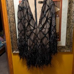 NovaLuxe Black Beaded Mesh & Feather Mini Dress – BRAND NEW