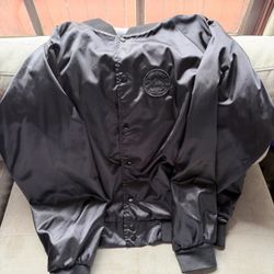 House X Techno Black Satin Bomber Jacket with Circle Patch
