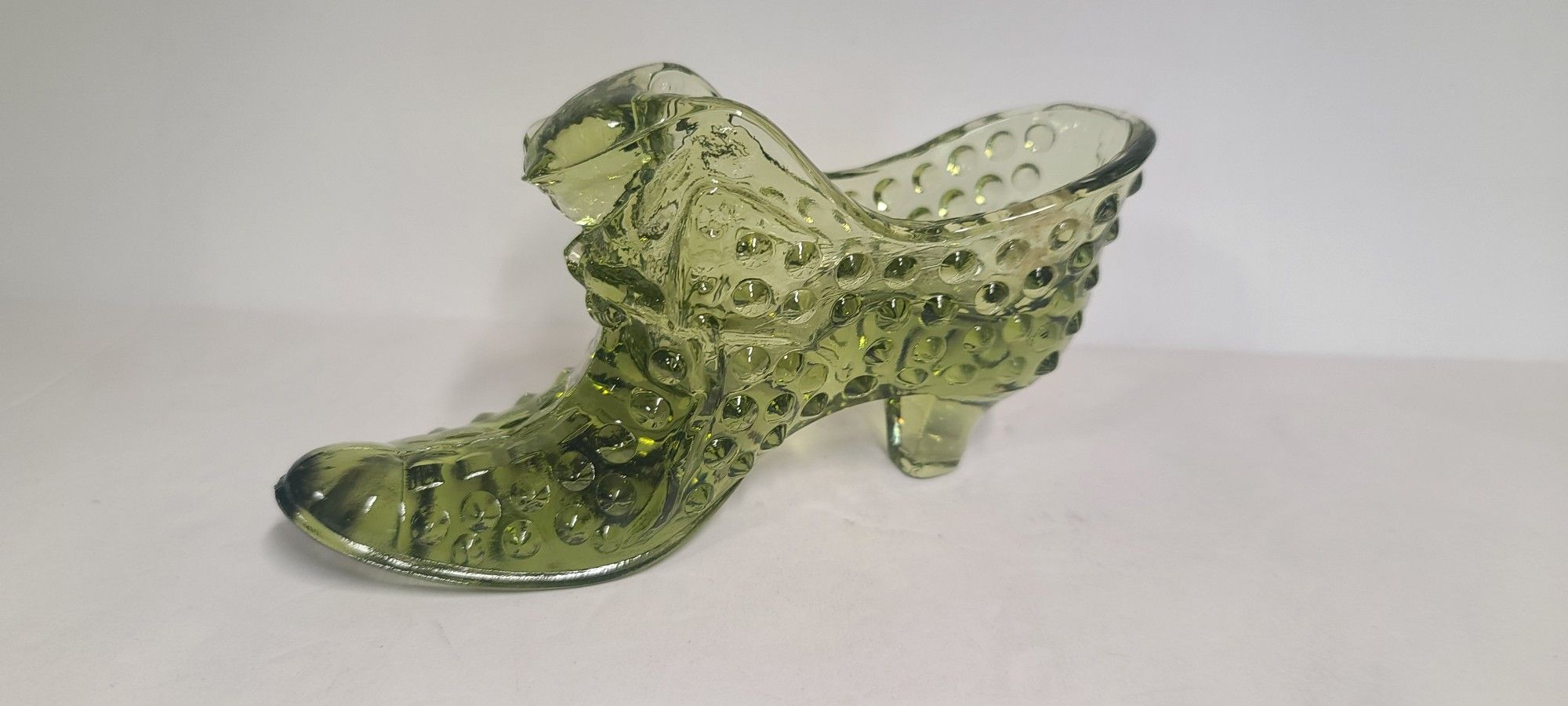 Vintage Fenton Olive Green Hobnail Cat Head Glass Shoe Figurine