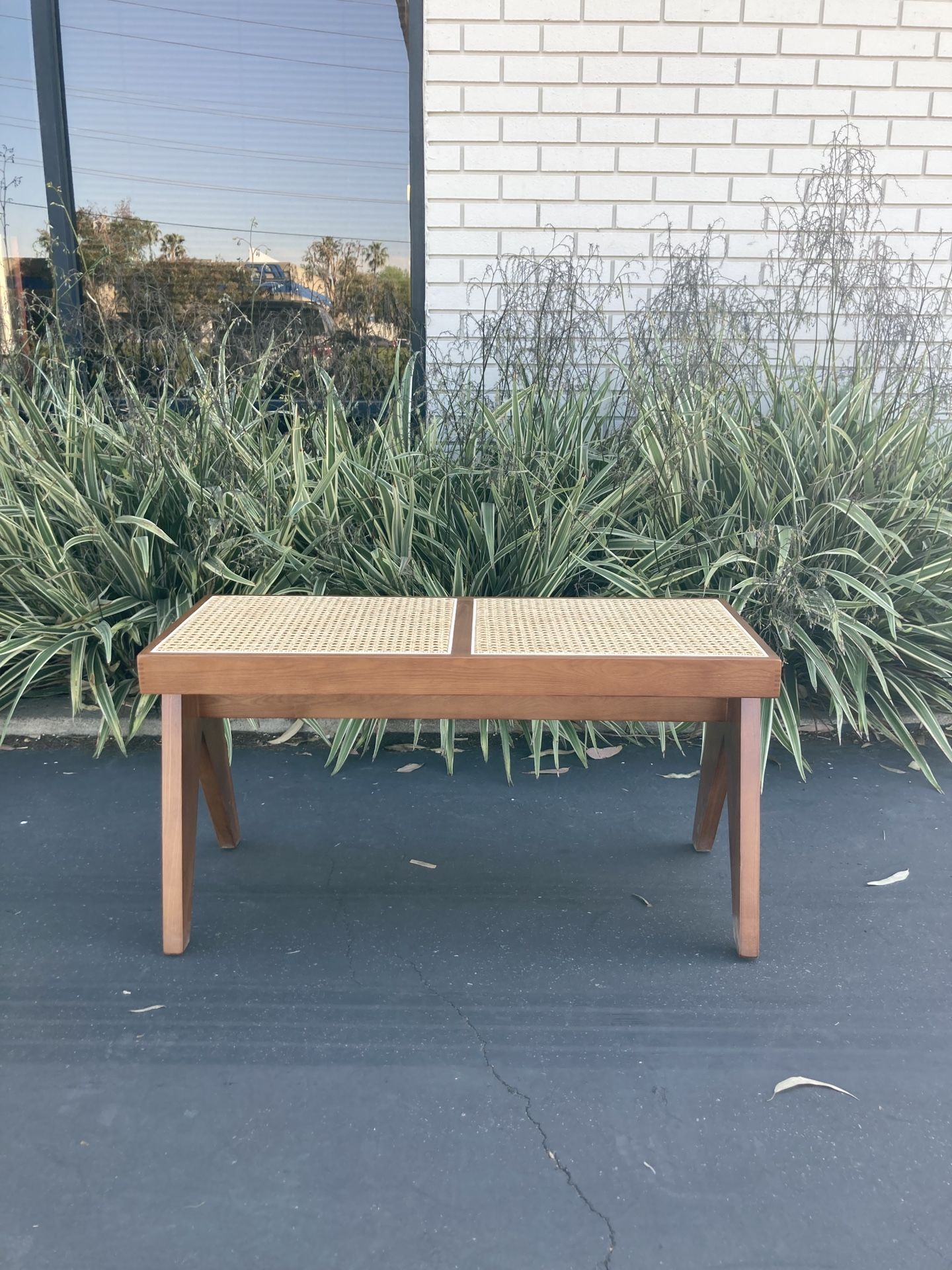 EDITH Mid Century Modern Wood and Cane Bench 