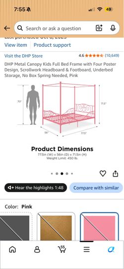 DHP Metal Canopy Kids Full Bed Frame Pink