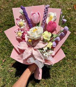 Crocheted white peony and pink lily bouquet