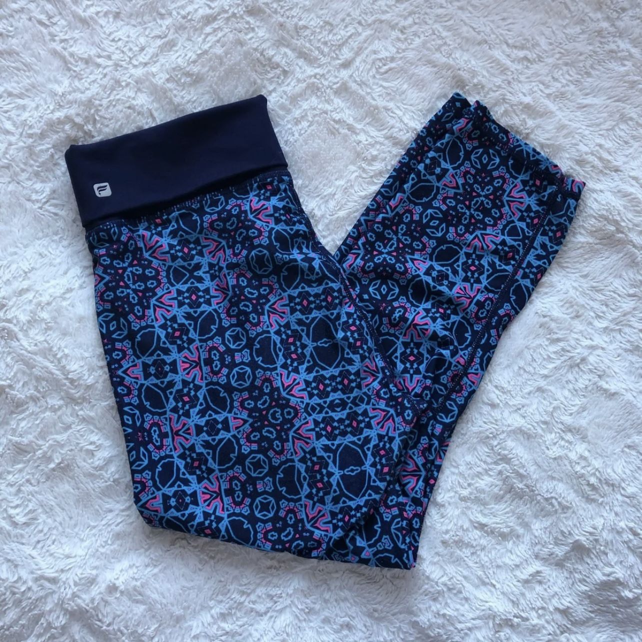 FABLETICS Blue Pink Geometric Print Foldover Waistband Crop Leggings