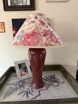 Burgundy Ceramic Table Lamp with Floral Shade