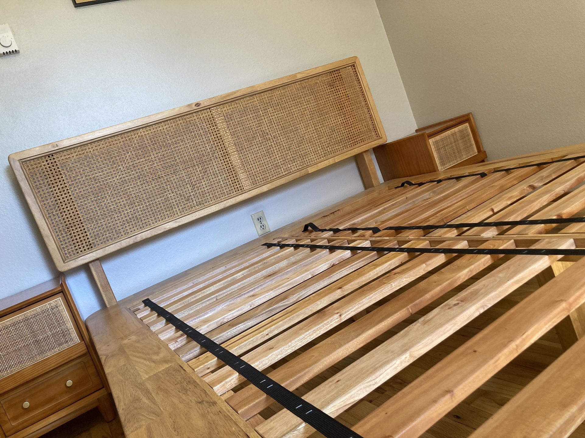 Midcentury Modern Boho Rattan Wood Queen Bed frame - Urban Outfitters