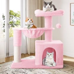 29.5in Indoor Cat Tree, Multi-Level Cat Tower with Sisal Scratching Posts, Padded Perch, Basket, Condo, and Hanging Ball, Suitable for Kittens and Adu