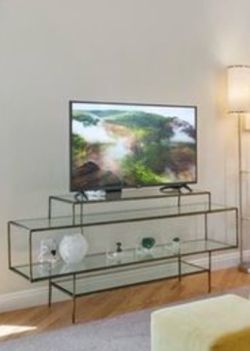 Burnished Antique Gold Metal Finish TV Stand/Console Table with 4 Glass Shelves