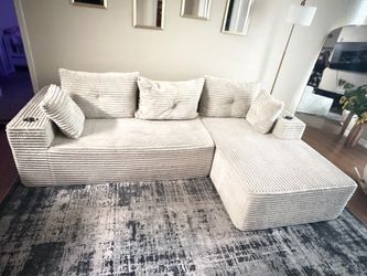 Cream Corduroy Sectional Sofa with Chaise