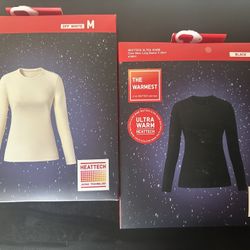2-pk Uniqlo HEATTECH Ultra Warm Crew Neck Long Sleeve - Black/Off White - Women’s Medium 