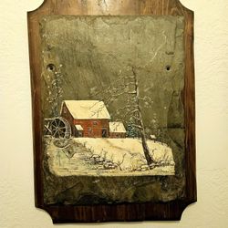 New England Folk Art Painting On Slate Mounted On A solid Wood Plaque