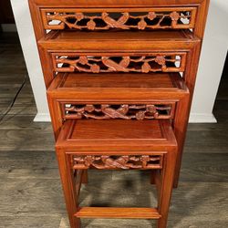 Set Of 4 Asian Chinese Chinoiserie Mid-Century Modern Carved Nesting Tables  