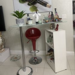 Modern Glass Bar Table with Red Stool – Excellent Condition
