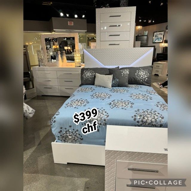 Queen Panel Bed LED Headboard White High Gloss