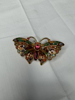 JOAN RIVERS Gold Plique Du Jour STAINED GLASS RHINESTONE BUTTERFLY Brooch Pin