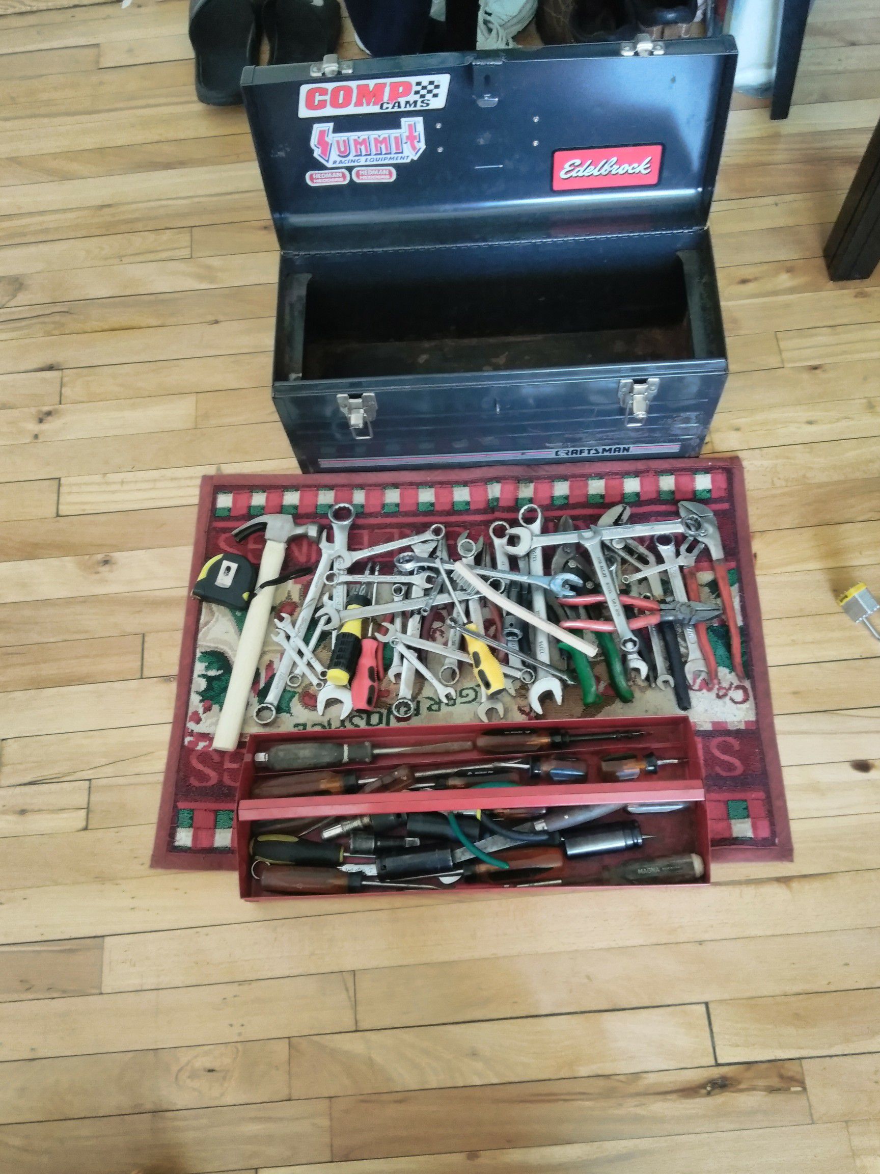 Used hand Tools, a tape measure, 4 impact sockets , 2 pieces 3" extension, 10 pliers, 24 wrenches, I small hammer. All in a handy box.