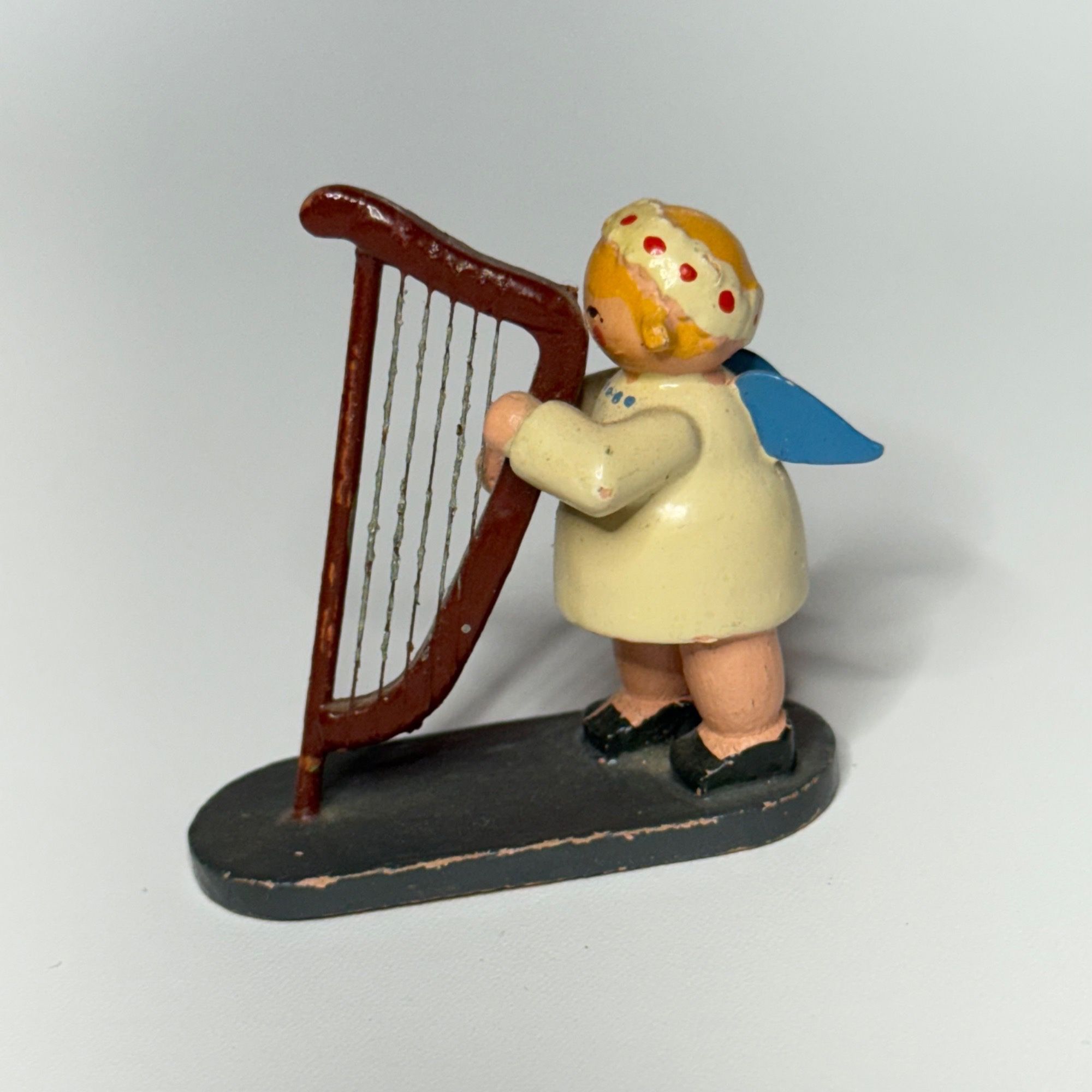 Erzgebirge Angel Playing Harp 1950's Collectible Wood Figurine
