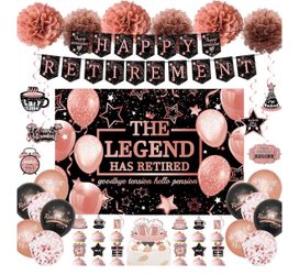 Retirement Party Decorations Banner Women - 39 Pcs Rose Gold Balloons Banner Backdrop Paper Pom Poms Cake Topper Swirls For Female Retirement Decor Su