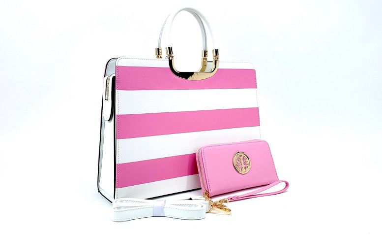 Striped Pink Briefcase style tote with Matching Wallet - Large - New