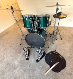 Complete 5 piece drum set by Sunlite new double pedal 2 new quiet cymbals stands throne practice pads $375 cash in Upland 91784