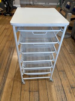 White Metal Baskets Shelf With Wheels 14” Wide X 15” Deep X 28” High