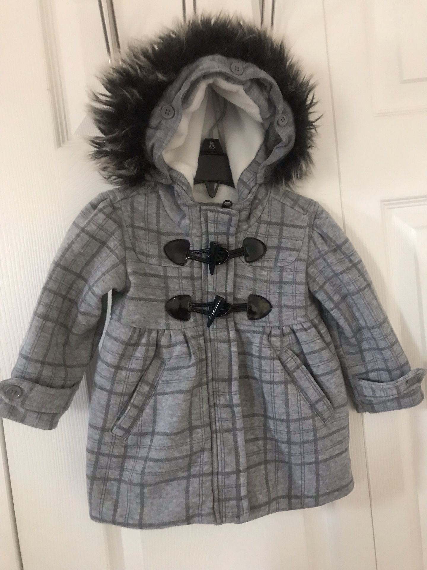 Me jane baby girls gray & black plaid hooded coat size 12m(pick up only)