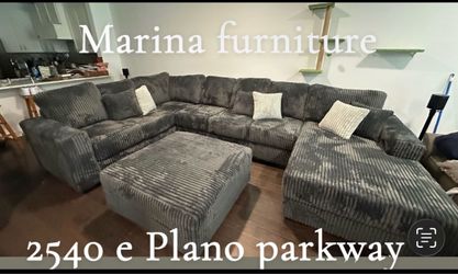 Large Gray Corduroy Sectional Sofa with Ottoman