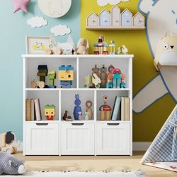 Toy Storage Organizer with 3 Movable Drawers, 5 Cube Kids Bookcase for Playroom, Storage Cabinet for Living Room, White Finish