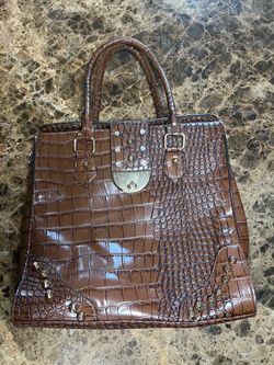 Brown Croc-Embossed Structured Tote Handbag