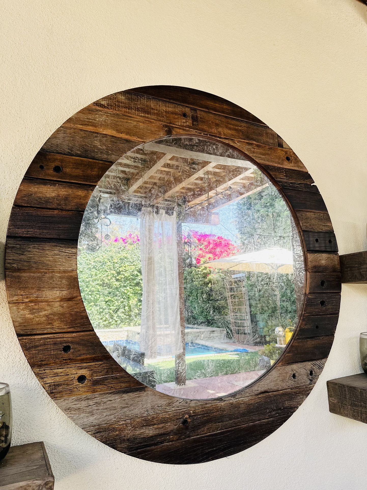 Outdoor/indoor Wood Mirror With Distressed Glass Effect