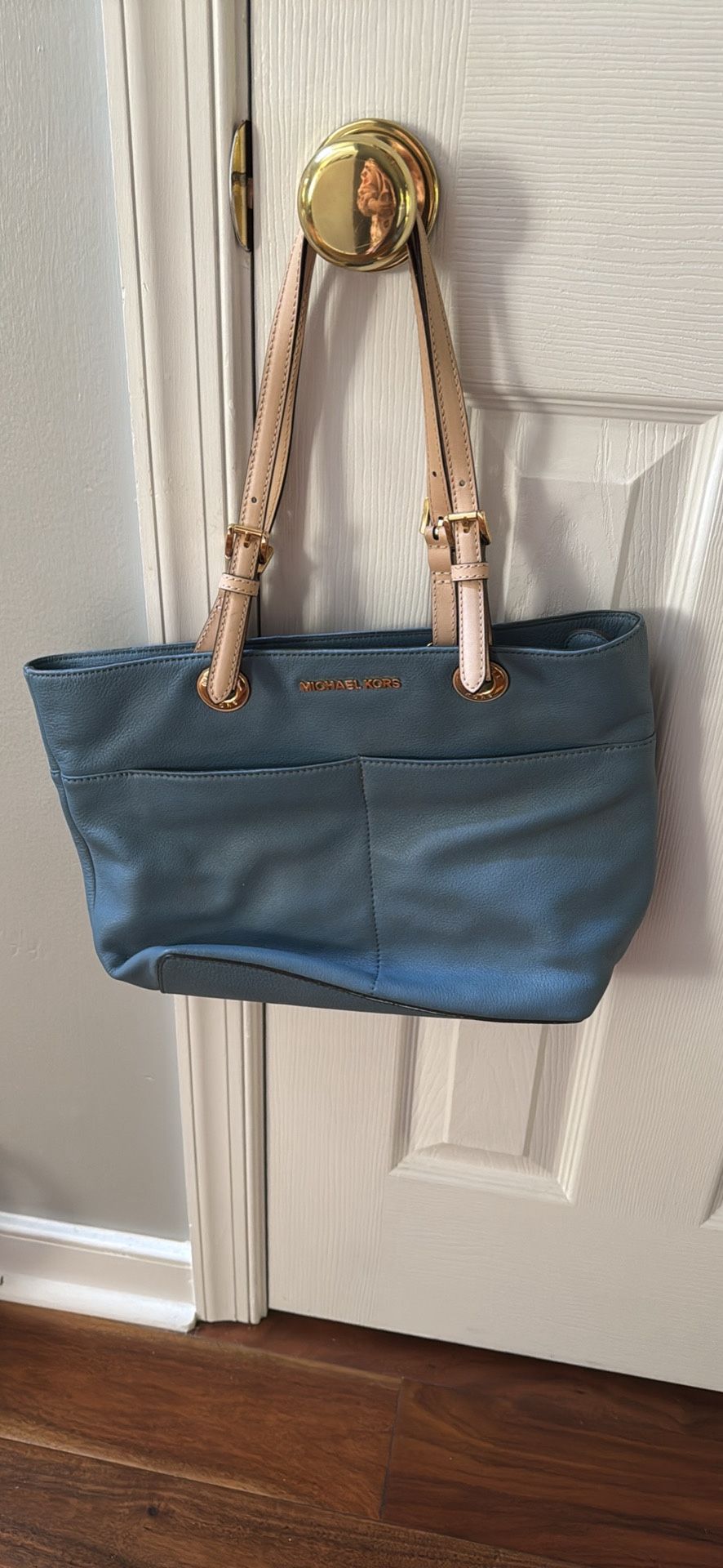 Michael Kors Light Blue Leather Medium Top Zip Pocket Tote
