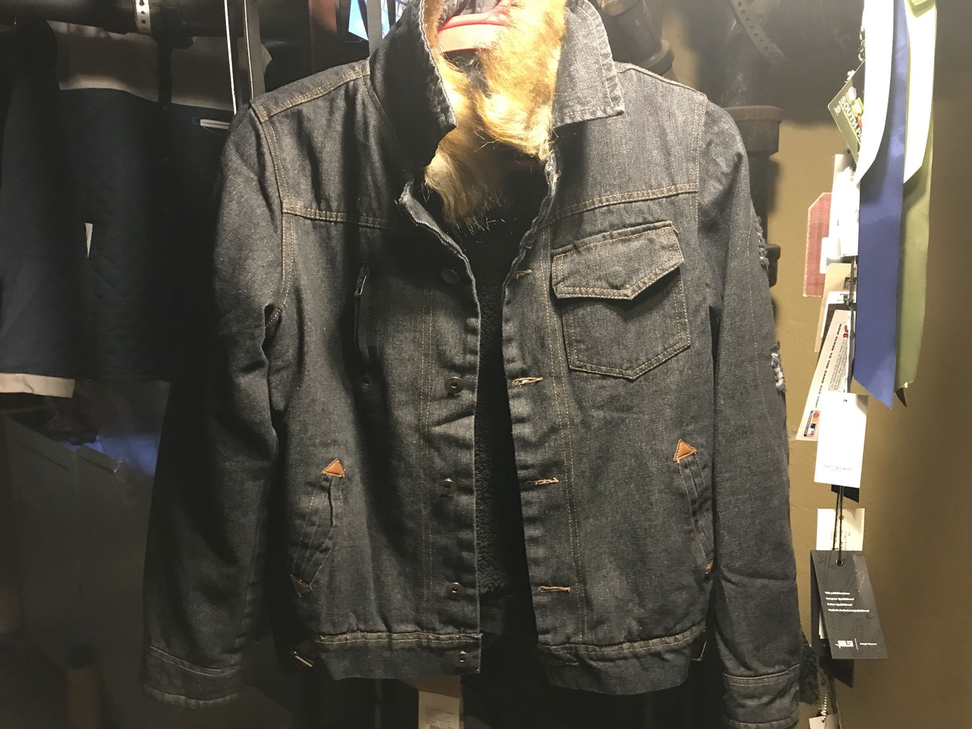 Men’s Yi Jian Mei custom jean jacket fur collar 5 pockets charcoal black Large