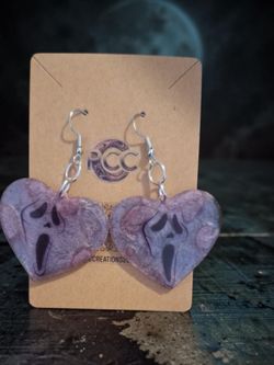Handmade Ghost Face Heart Resin Dangle Earrings – Purple Shimmer Horror Jewelry