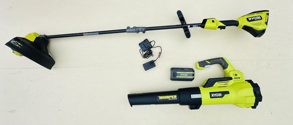 RYOBI 40V HP Brushless Whisper Series 17 in. Cordless Battery Carbon Fiber Shaft String Trimmer & Blower w/ Battery & Charger