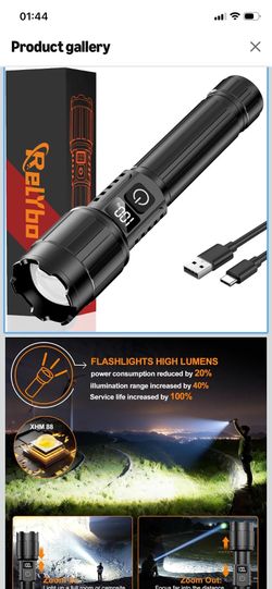 LED Flashlight Rechargeable 100000 High Lumens,12H & Long Range Super Bright Flashlights USB C, Stepless Dimming with LCD Display High Powerd Flash Li
