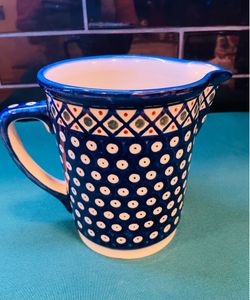 Beautiful Polish Pottery Boleslawiec blue patterned pitcher